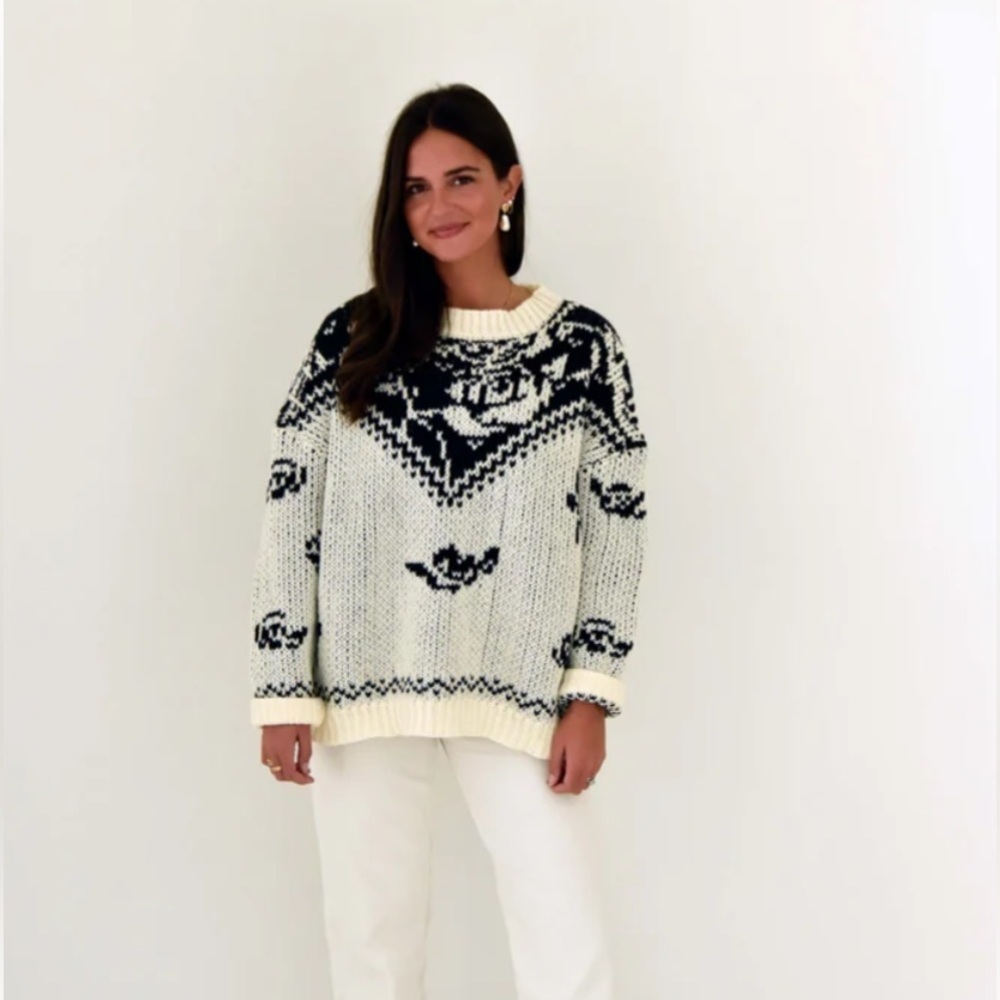 Bailey Rose Penelope Chunky Oversized Black and Cream Knit Sweater, Size L